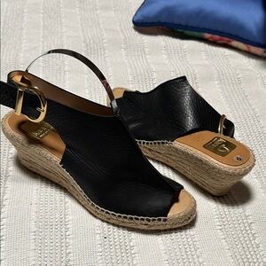 Kanna Black Leather Espadrille Wedges